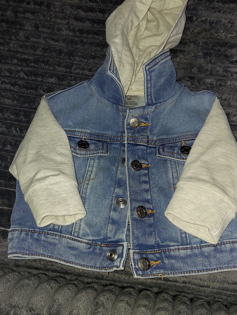 okie dokie Blue Denim Jacket with Cream Hoodie Sleeves